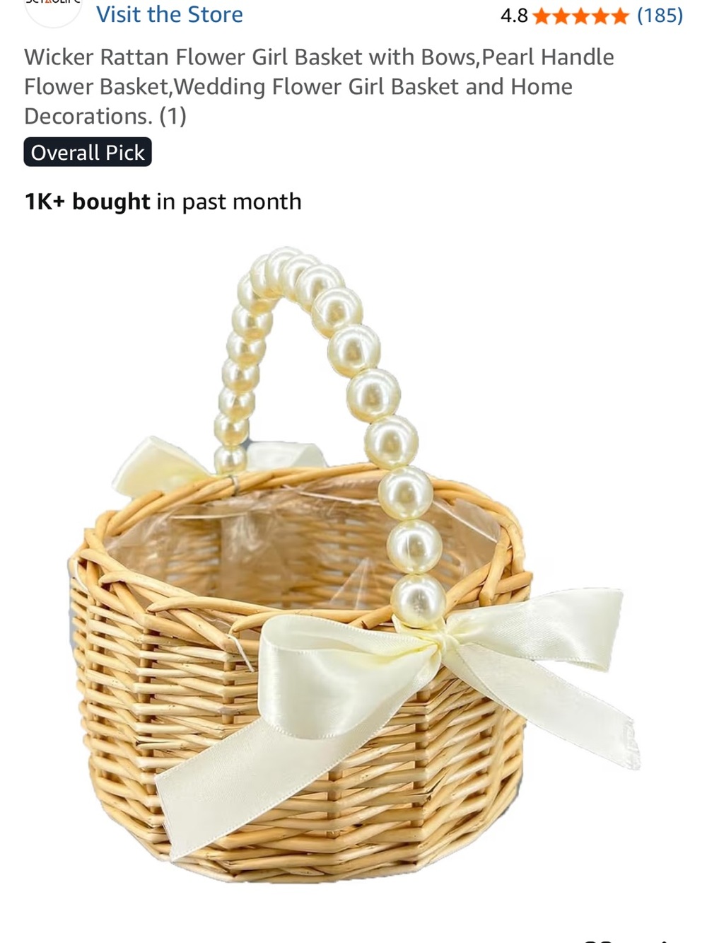 Wicker Flower Girl Basket with Pearl Handle and Ivory Bow